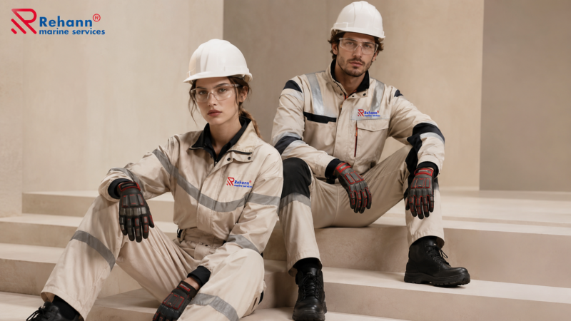 Factory worker safety equipment including helmets, gloves, goggles, and industrial PPE.