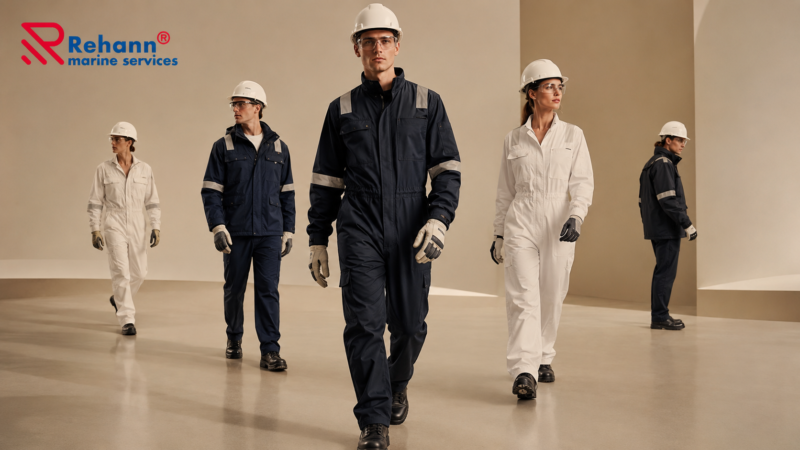 Ship crew members wearing complete PPE equipment onboard cargo vessel
