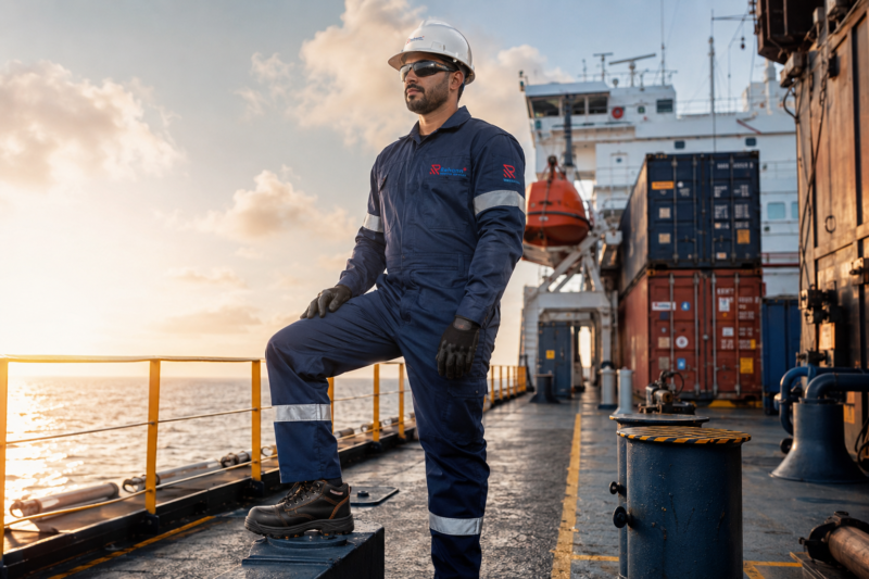 Marine worker model wearing Rehann Marine safety footwear on ship deck